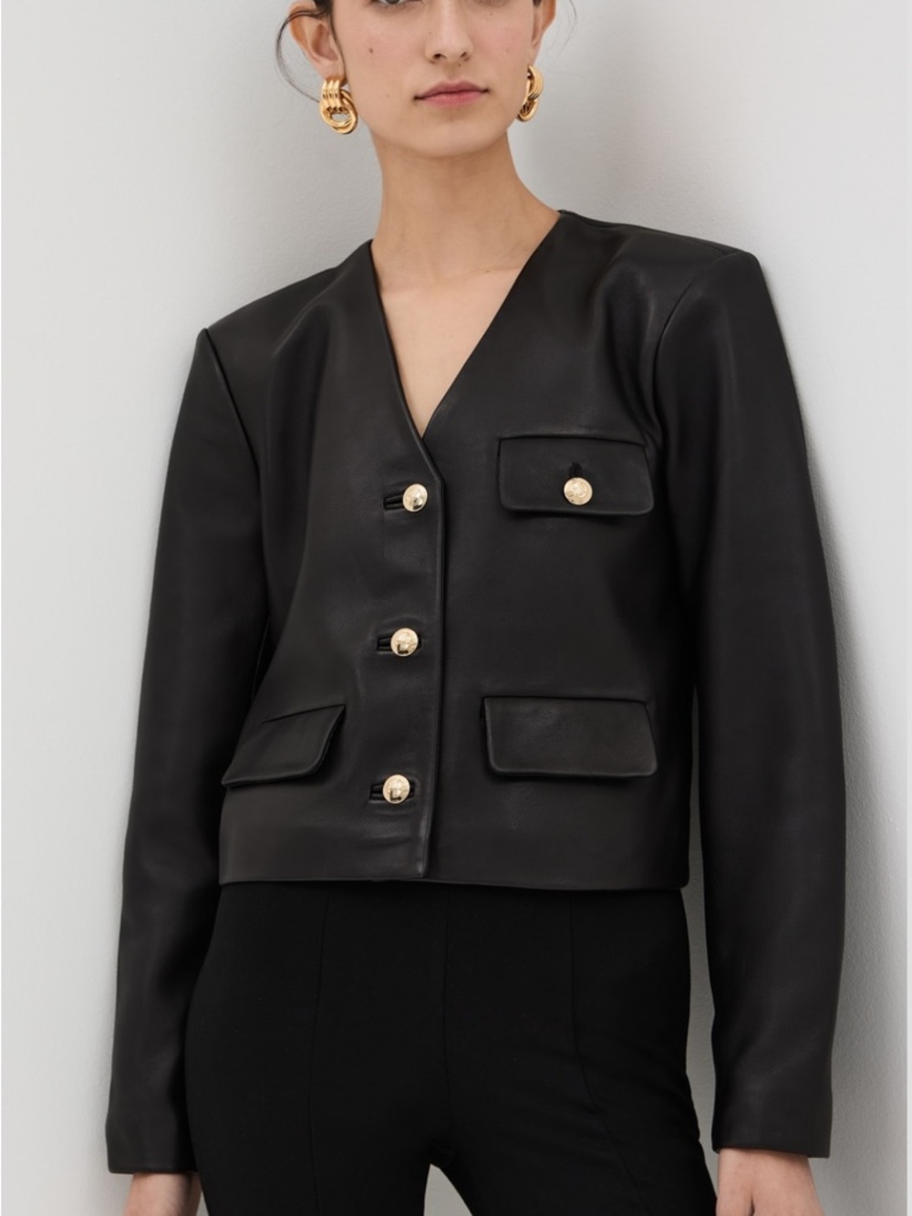 Anine Bing Black Leather V‑Neck Cara Jacket with Gold Buttons